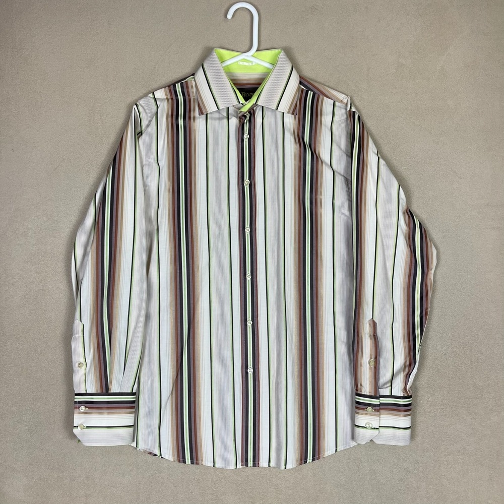 Roar Button-Down Shirt Mens L Long Sleeve Striped Brown Green EUC